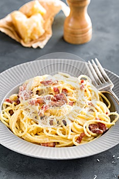 Carbonara pasta, spaghetti with pancetta, egg, hard parmesan cheese and cream sauce. Traditional italian cuisine. Pasta alla carbo