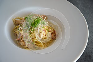 Carbonara pasta, spaghetti with pancetta,Traditional italian cuisine. Pasta alla carbonara