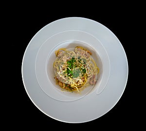 Carbonara pasta, spaghetti with pancetta,Traditional italian cuisine. Pasta alla carbonara