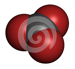 Carbonate anion, chemical structure. 3D rendering. Atoms are represented as spheres with conventional color coding: carbon (grey photo