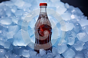 Carbonated soft drink bottle surrounded by ice, promising a refreshing beverage