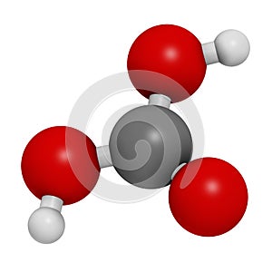 Carbonic acid molecule. Formed when carbon dioxide is dissolved in water (carbonated water). Atoms are represented as spheres with