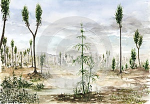 Carboniferous landscape with Sigillaria and Calamites plants