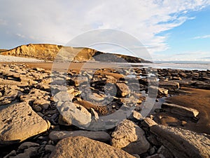 Carboniferous layers of limestone and shale cliffs at Dunraven Bay, Vale of Glamorgan, South Wales