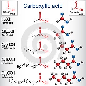 Carboxylic acids formic, acetic, propionic, butyric, valeric.