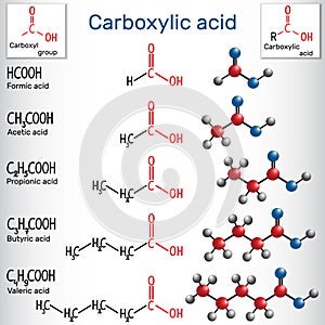 Carboxylic acids formic, acetic, propionic, butyric, valeric. photo