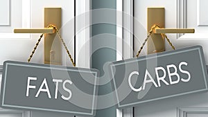 Carbs or fats as a choice in life - pictured as words fats, carbs on doors to show that fats and carbs are different options to