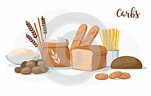 Carbs Food: bakery products, potatoes, pasta, flour and rice. photo