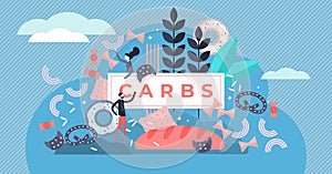 Carbs vector illustration. Flat tiny sugar and wheat food persons concept.