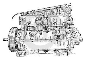 Carburetor Side View of Six Cylinder Rolls Royce Engine, vintage illustration