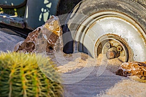 Carcass of an old rusty car in the desert