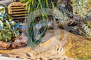 Carcass of an old rusty car in the desert
