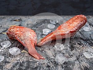 Carcasses of frozen sea bass for a dark background