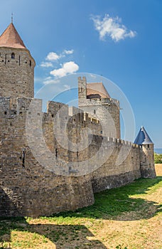 Carcassonne, France. The city walls and towers of the inner ring of fortifications. UNESCO List