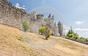 Carcassonne, France. View of the fortress of the Upper Town from the Lower Town. UNESCO List
