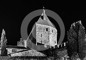 Carcassonne medieval fortress night view, old walls and towers h