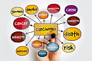 Carcinogen is any substance, radionuclide, or radiation that promotes carcinogenesis, mind map text concept background photo
