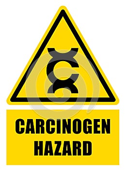 Carcinogen hazard, yellow triangle warning sign with text photo