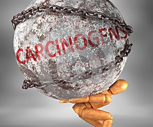 Carcinogens and hardship in life - pictured by word Carcinogens as a heavy weight on shoulders to symbolize Carcinogens as a