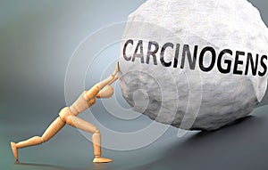 Carcinogens and painful human condition, pictured as a wooden human figure pushing heavy weight to show how hard it can be to deal