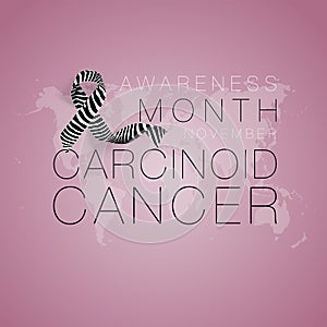 Carcinoid Cancer Awareness Calligraphy Poster Design. Realistic Zebra Stripe Ribbon. November is Cancer Awareness Month