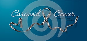 Carcinoid Cancer Awareness Calligraphy Poster Design. Realistic Zebra Stripe Ribbon. November is Cancer Awareness Month. Vector