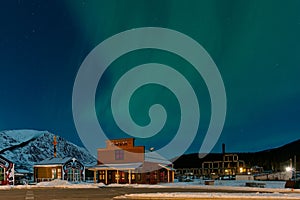Carcross, Yukon commons with aurora in winter