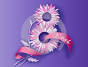 Card for 8 March womens day. Flowers inside number eight cut from paper.