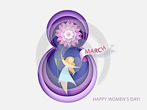 Card for 8 March womens day. Woman with flower