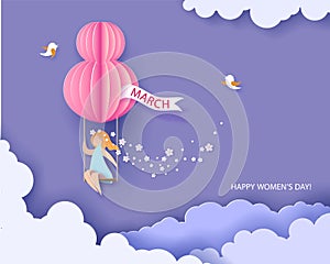 Card for 8 March womens day. Woman on teeterboard