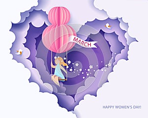 Card for 8 March womens day. Woman on teeterboard