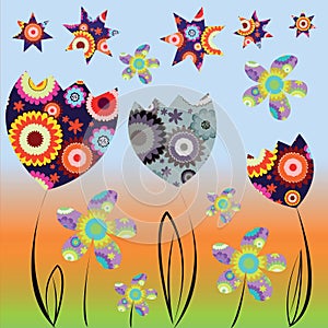 Card with abstract colorful tulips and daisies