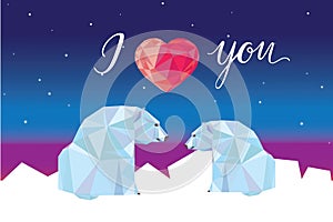 Card with abstract polygonal geometric polar bears. Triangle low poly bears in love. Nature, animal, wildlife theme for design inv