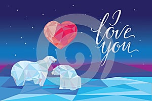 Card with abstract polygonal geometric polar bears. Triangle low poly bears in love. Nature, animal, wildlife theme for design inv