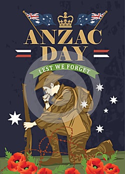 Card of Anzac day. Soldier mourns the fallen comrades photo