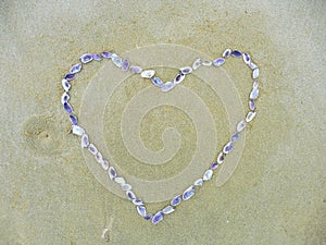 Card background shells on the beach top view heart shape next to the ocean