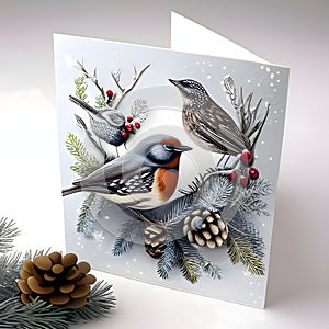 Card with birds on spruce branches. Christmas card as a symbol of remembrance of the birth of the savior