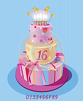 Card with birthday cake and numbers. Vector. Pink.