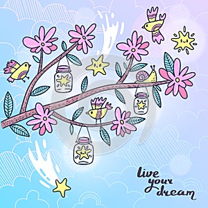 Card blooming tree branch with birds and stars. Vector illustration