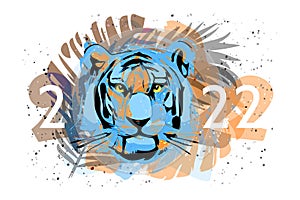 Card with Blue muzzle of a black water tiger as a symbol of the 2022 New Year