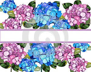 Card with blue and pink hortensias. photo