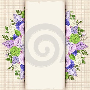 Card with blue, purple and white flowers. Vector eps-10.