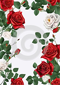 Card border: White and Red Rose Border With Green Leaves