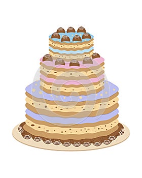Card with cake birthday sweet. Isolated vector illustration. Symbol, sign. Cute design. Happy birthday, greeting card. Color cake