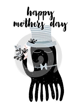 Card with calligraphy lettering happy mothers day and cute octopus with bouqet of flowers. Vector illustration