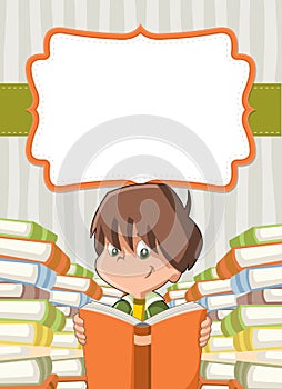 Card with cartoon boy reading books.
