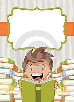 Card with cartoon boy reading books