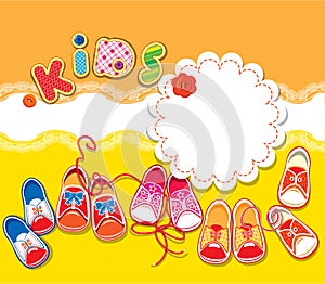 Card - children gumshoes, lace frame and word KIDS