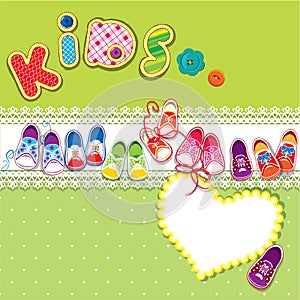 Card - children gumshoes, lace heart and word KIDS