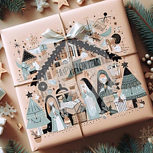 card with Christmas decoration with nativity scene